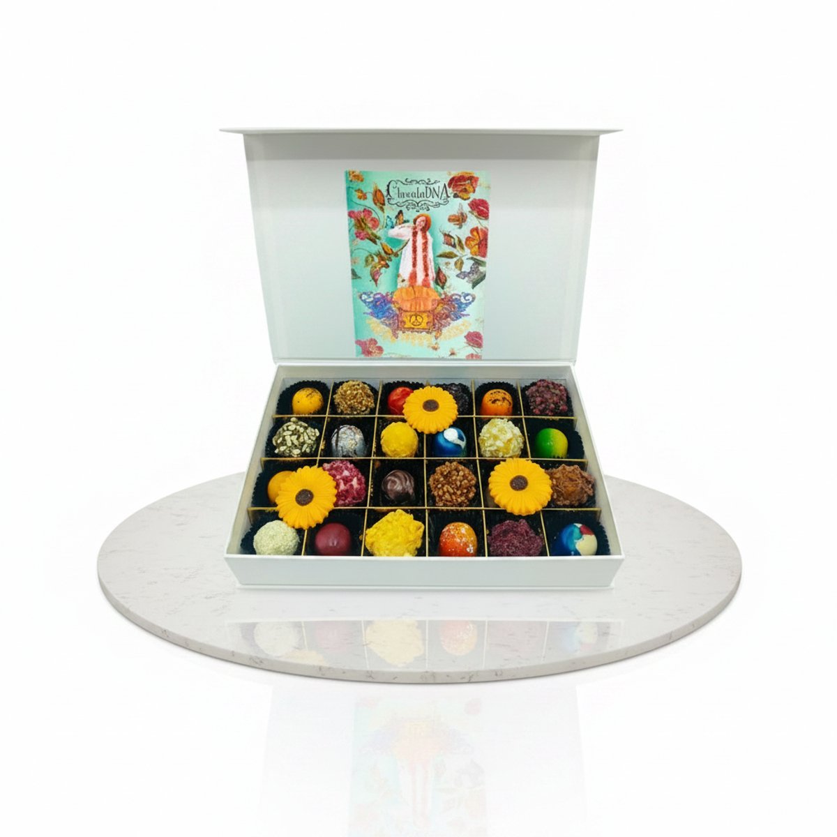 Chocoseum en Chocoladna Luxe chocolade cadeau FLOWER POWER-ChocolaDNA-Mix Medium(24 stuks)_Bonbons_Luxe bonbons_Chocolade cadeau_Geschenkdoos chocolade_Vegan chocolade_Pralines_Truffels_Verjaardag_Moederdag_Vaderdag_Valentijn Bedankt_Vegatarisch
