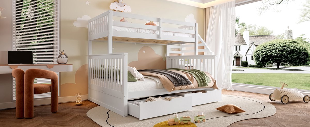 Kinder Stapelbed - Hoogslaper Met Opbergladen En Trap - 90x200 En 140x200 - Wit