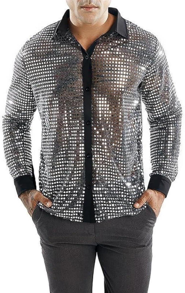 Shiny Hemd voor Mannen met Lange Mouwen en Pailletten - Retro Disco Kostuum voor Feestjes, Dansen en Thema-avonden