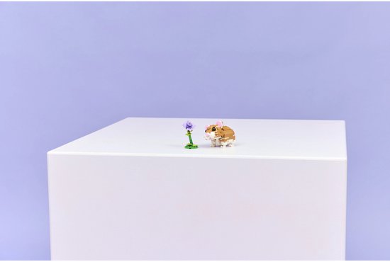 Petit hamster LEGO à fourrure marron et blanche, près d'une fleur violette.