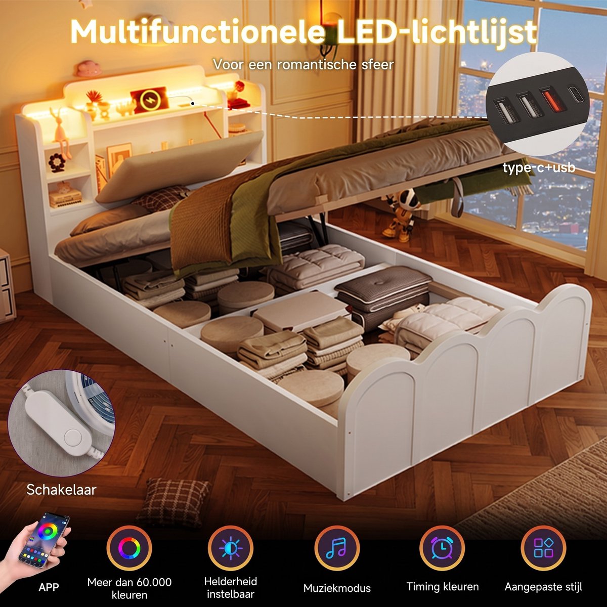 VVBV Gestoffeerd Opbergbed 90x200 cm - Hydraulische Opbergruimte, LED-Verlichting, App-bediening - Wit - Zonder Matras White
