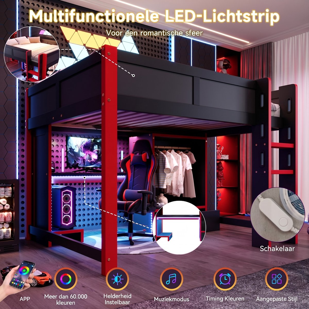VVBV Hoogslaper 140x200 met Bureau en Kast – Ladder en LED – Zonder Matras – Zwart – Hoogslaper met Kledingkast – Lades – Opbergruimte Black+Red