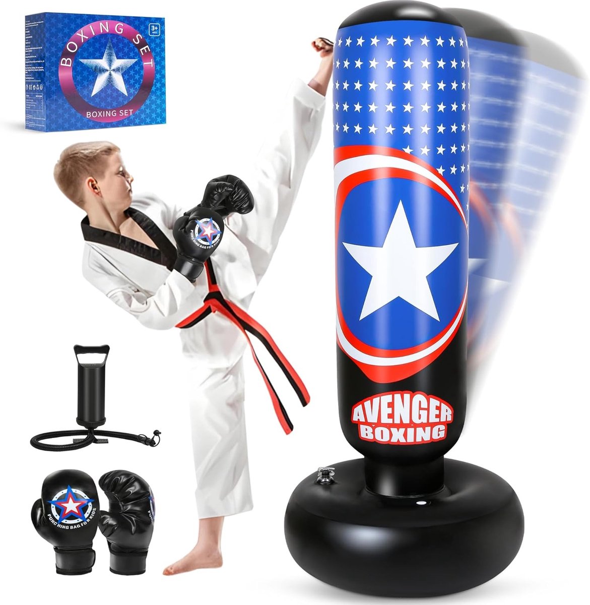Bokszak voor kinderen - 168 cm - pungibal met bokshandschoenen - cadeau voor jongens en meisjes - 3 tot 14 jaar - karate taekwondo MMA.