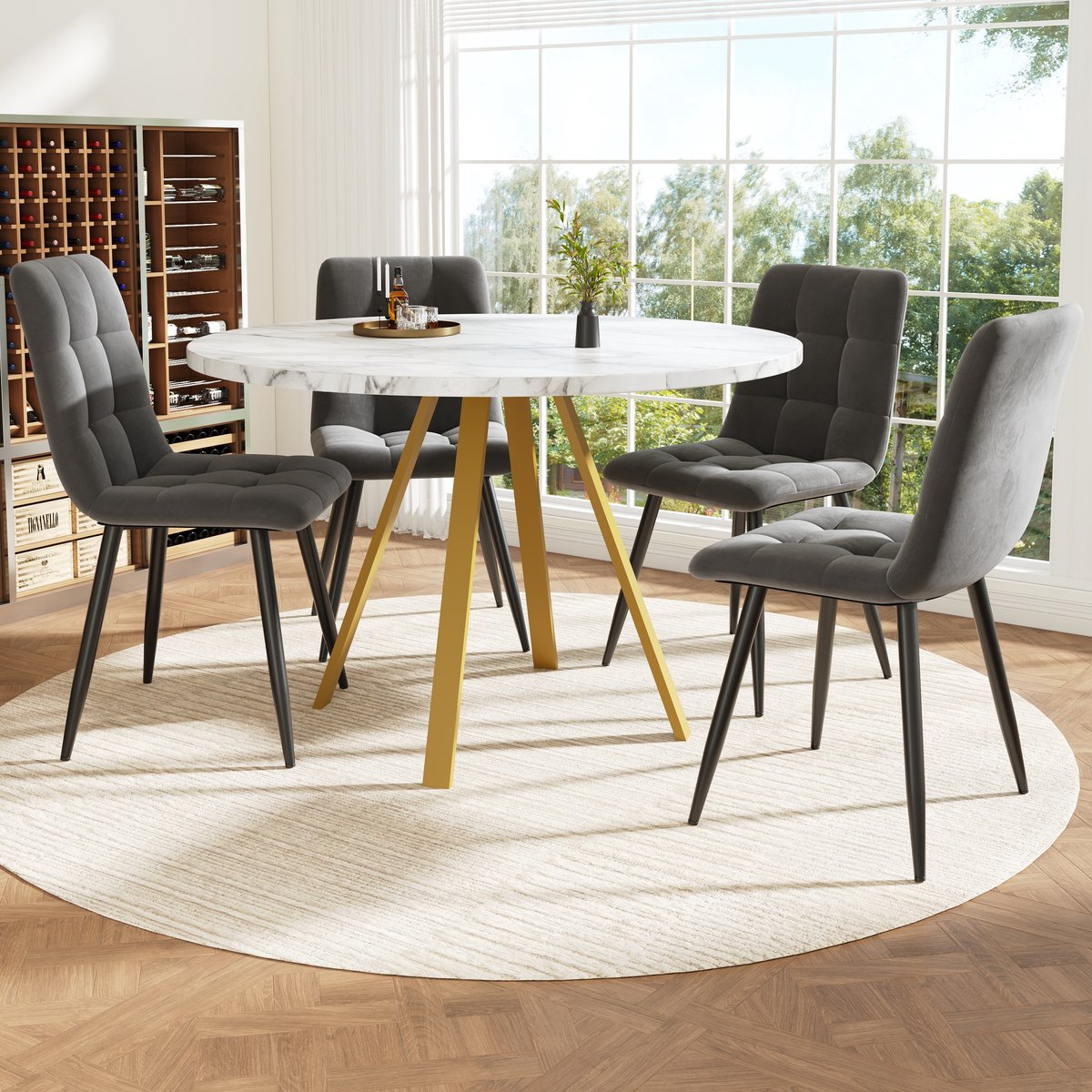 Eetkamerset (5-Delig), Ronde Eettafel, 80×80×75 Cm Eettafel (Incl. 4 Eetkamerstoelen), Ronde Salontafel Voor 4 Personen, Fluwelen Stoelen (Incl. Witte Marmeren Tafel), Grijze Eetkamerstoelen