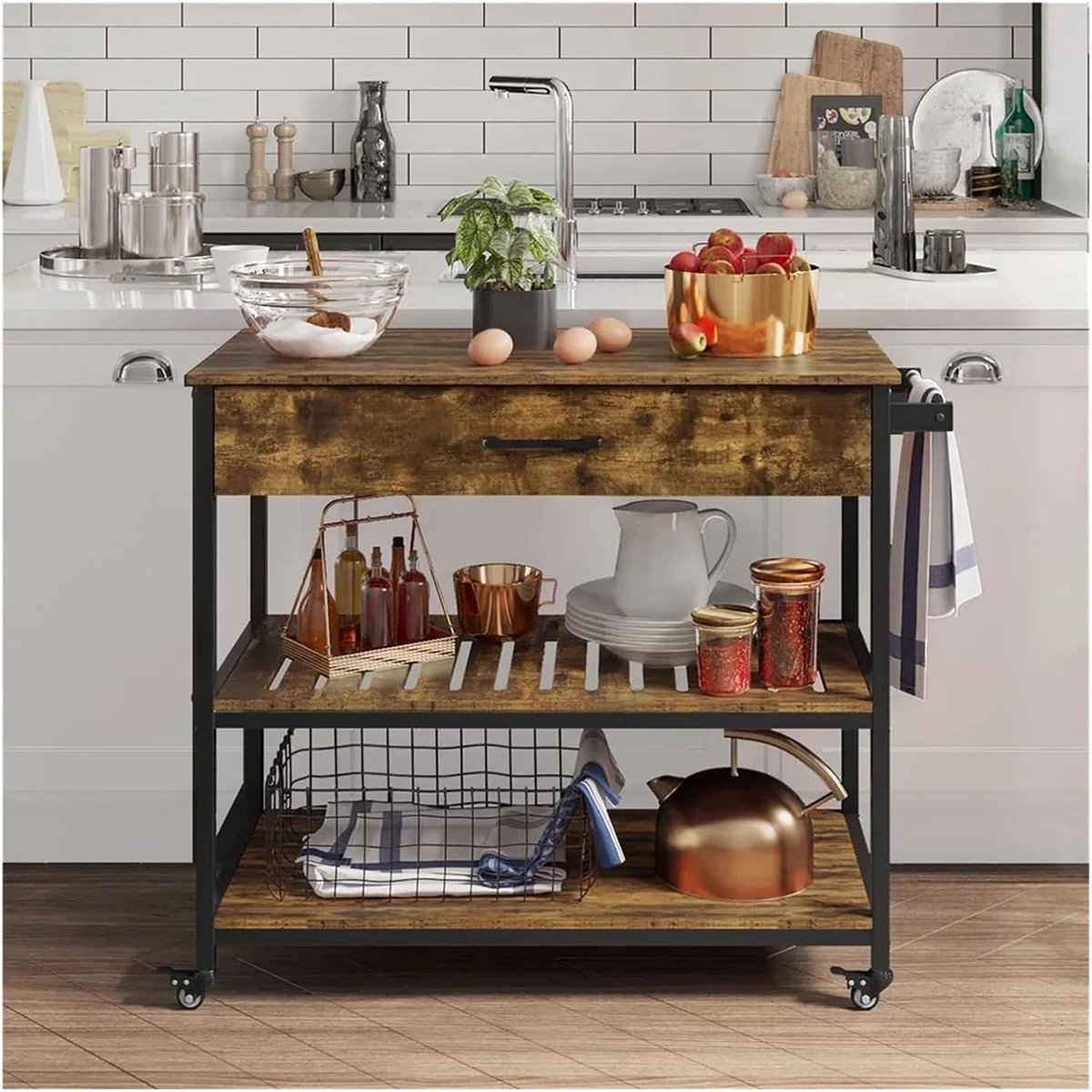 Keukentrolley 3-Laags op Wielen met Lade – Multifunctioneel Keuken Eiland & Magnetron Tafel met Planken, MDF & Metaal, Waterbestendig, Verrijdbare Serveertrolley & Keuken Organizer – Mobili Bella