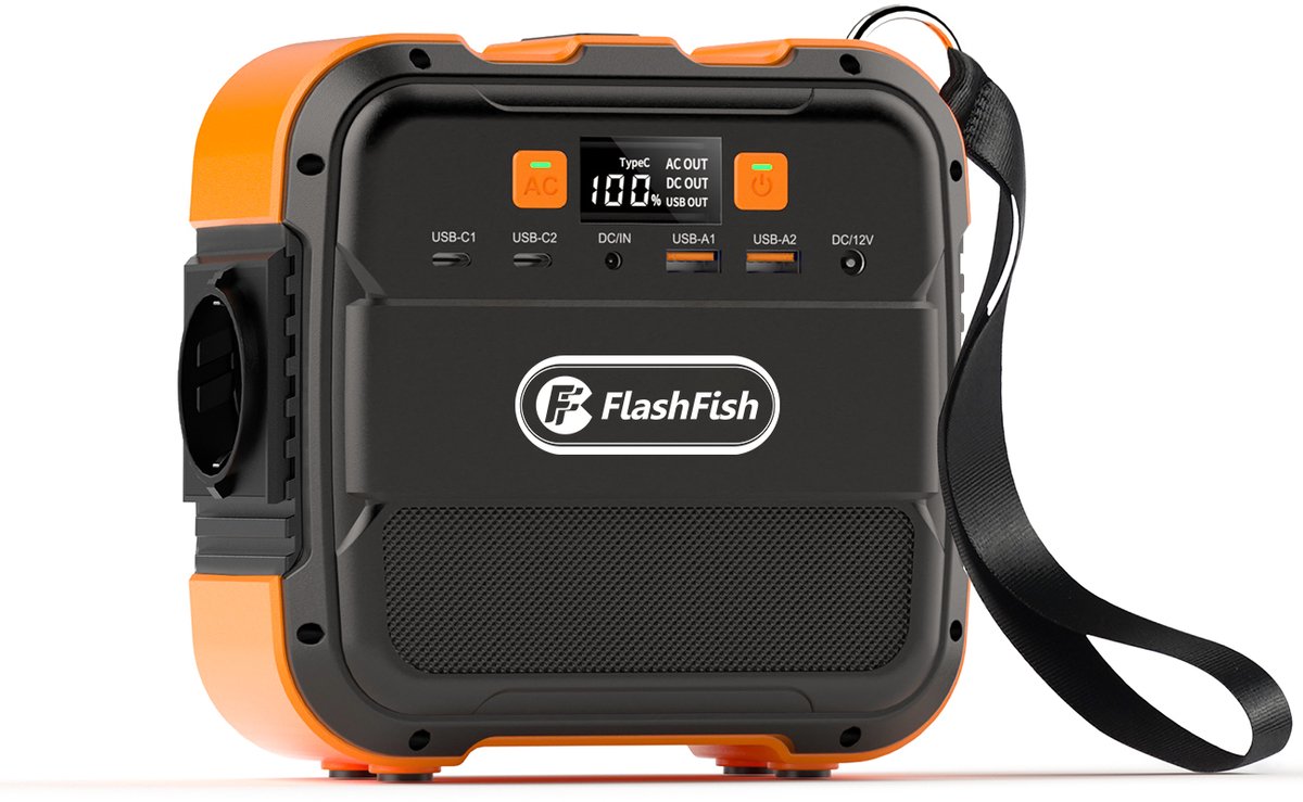FlashFish Draagbare Powerstation A101 98Wh 120W - 230V AC - USB en type-C - LED-lamp - camping en thuisgebruik - reis en camper - 15,8x15,8x9cm - 1 stuk