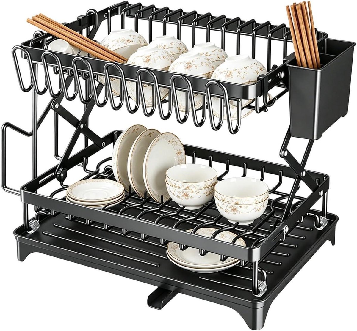 Keuken Afdruiprek - Vaatdroger Aanrecht - Vaat Snel Drogen - Afneembaar 2-Laags - 42x30x33cm - Zwart