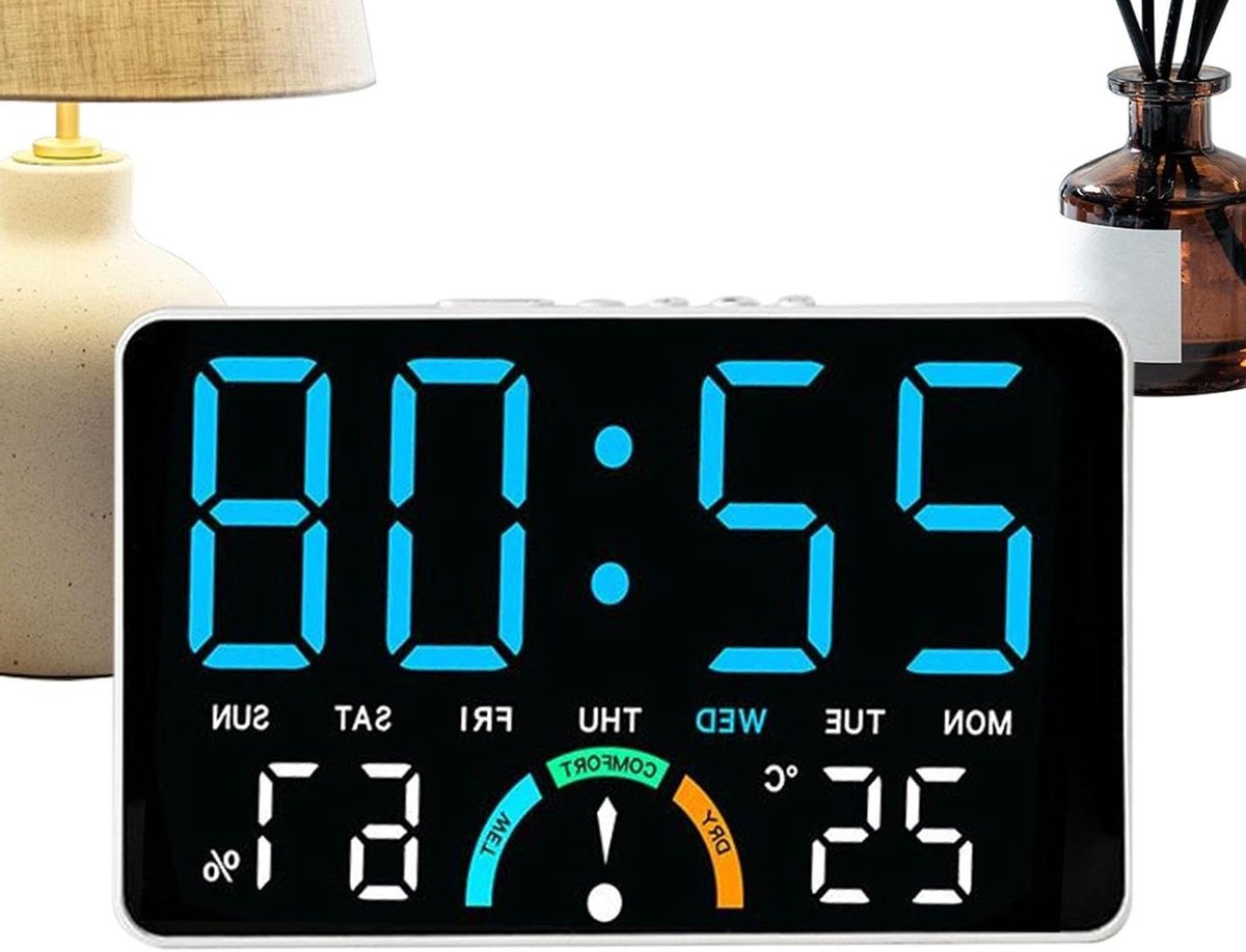 Digitale Klok - Wekker met Temperatuur - Comfort Monitoren - Groot LED Scherm - 16 cm Breed - Wit Blauw Licht