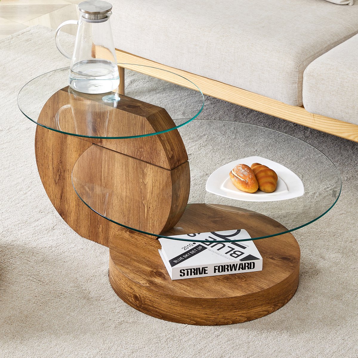 MODENUIT Salontafel - Gehard Glas Met Gelaagde Opbergruimte - Voor Woonkamer - MDF Met Houtlook - Transparant