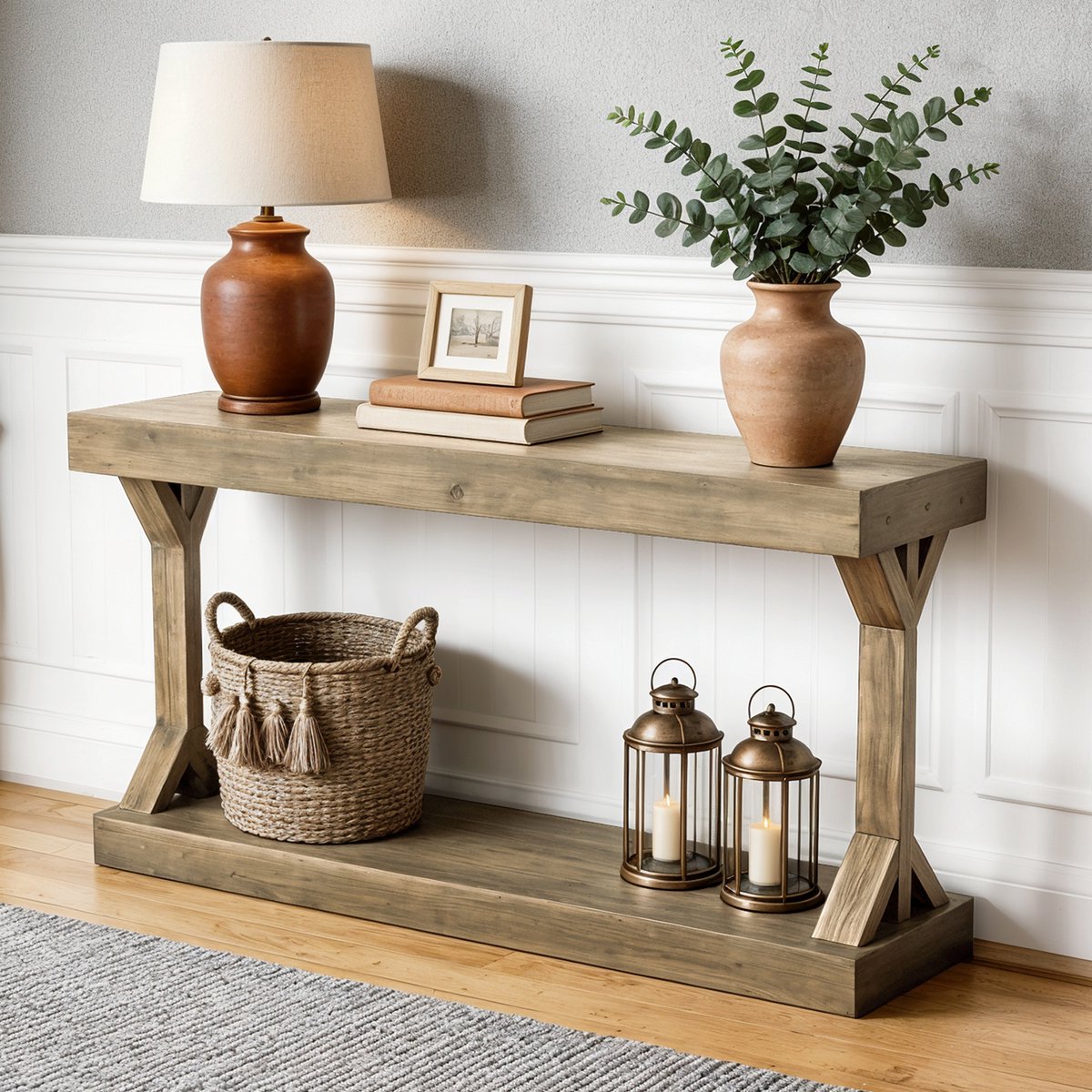 FATIVO Consoletafel - Houten Sidetable - Haltafel - Natuurlijk hout - Landelijke Stijl - 120x30x75.5cm - Console Tafel voor Hal, Woonkamer, Entree