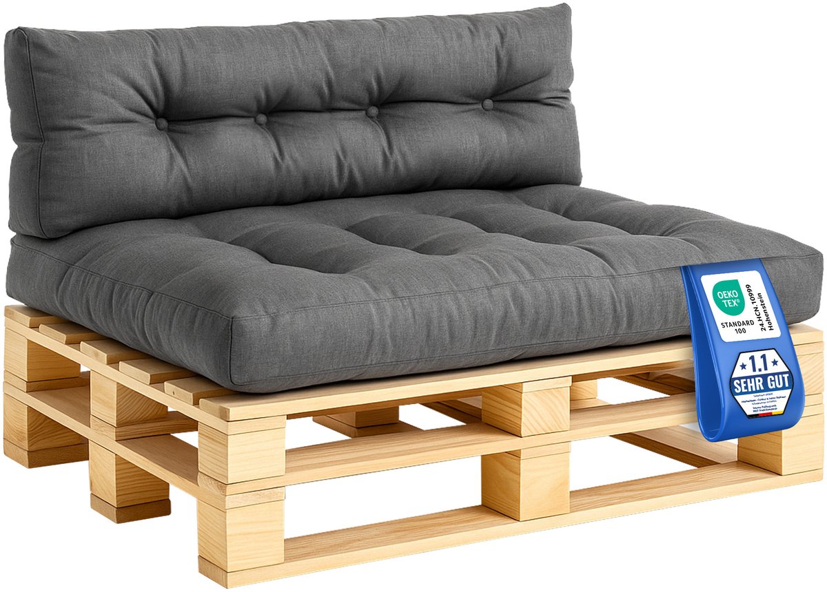 Palletkussenset 2-delig – Zitkussen 120x80 + Rugkussen 120x40 – Waterafstotend & UV-bestendig – Tuinkussen voor Palletbank Buiten & Binnen