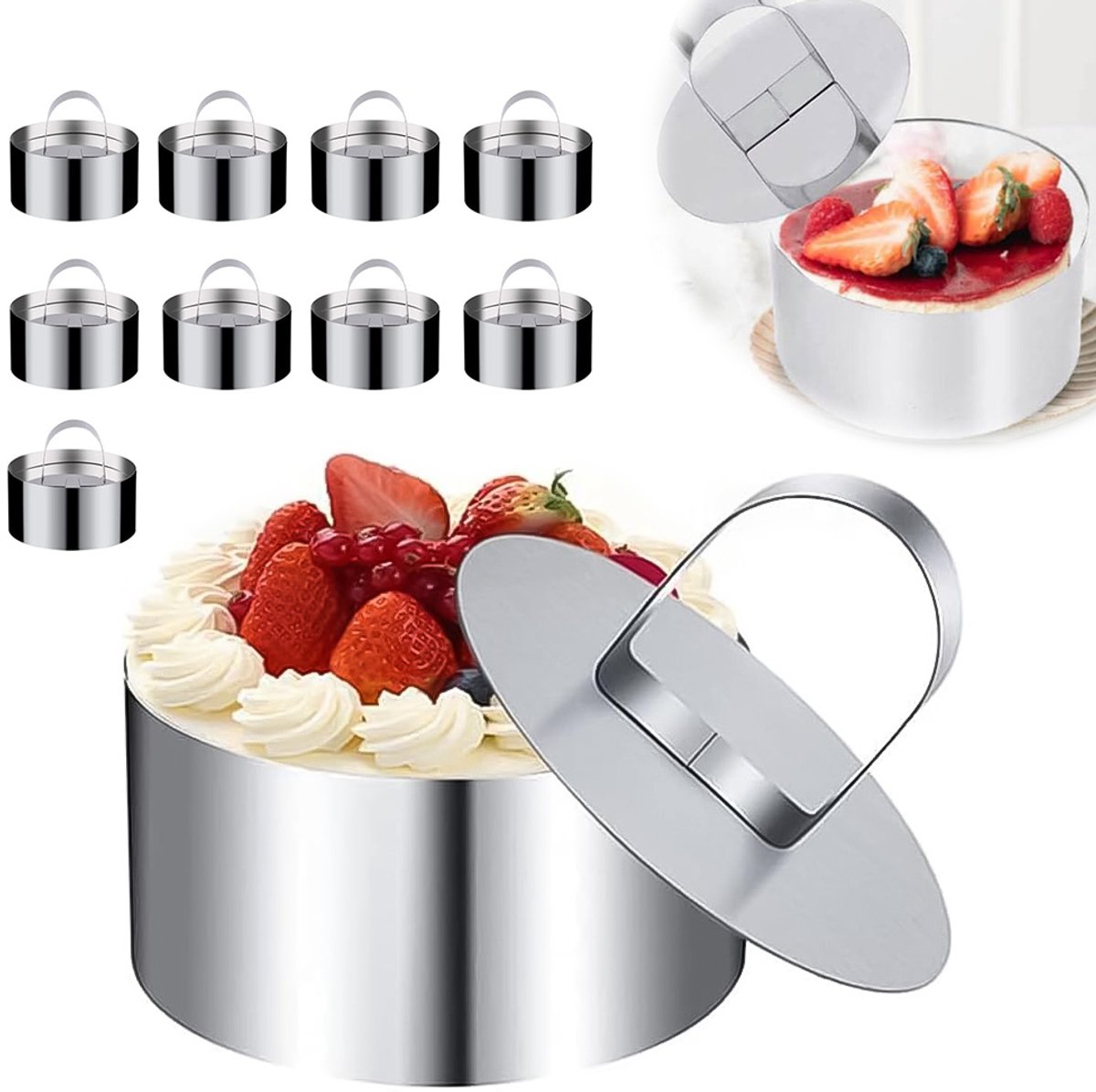 Mousse Ring - Dessertringen - Roestvrijstalen Taartring - Bakvormen - Dessertvorm - 12 Stuks - 8x4cm - voor Desserts