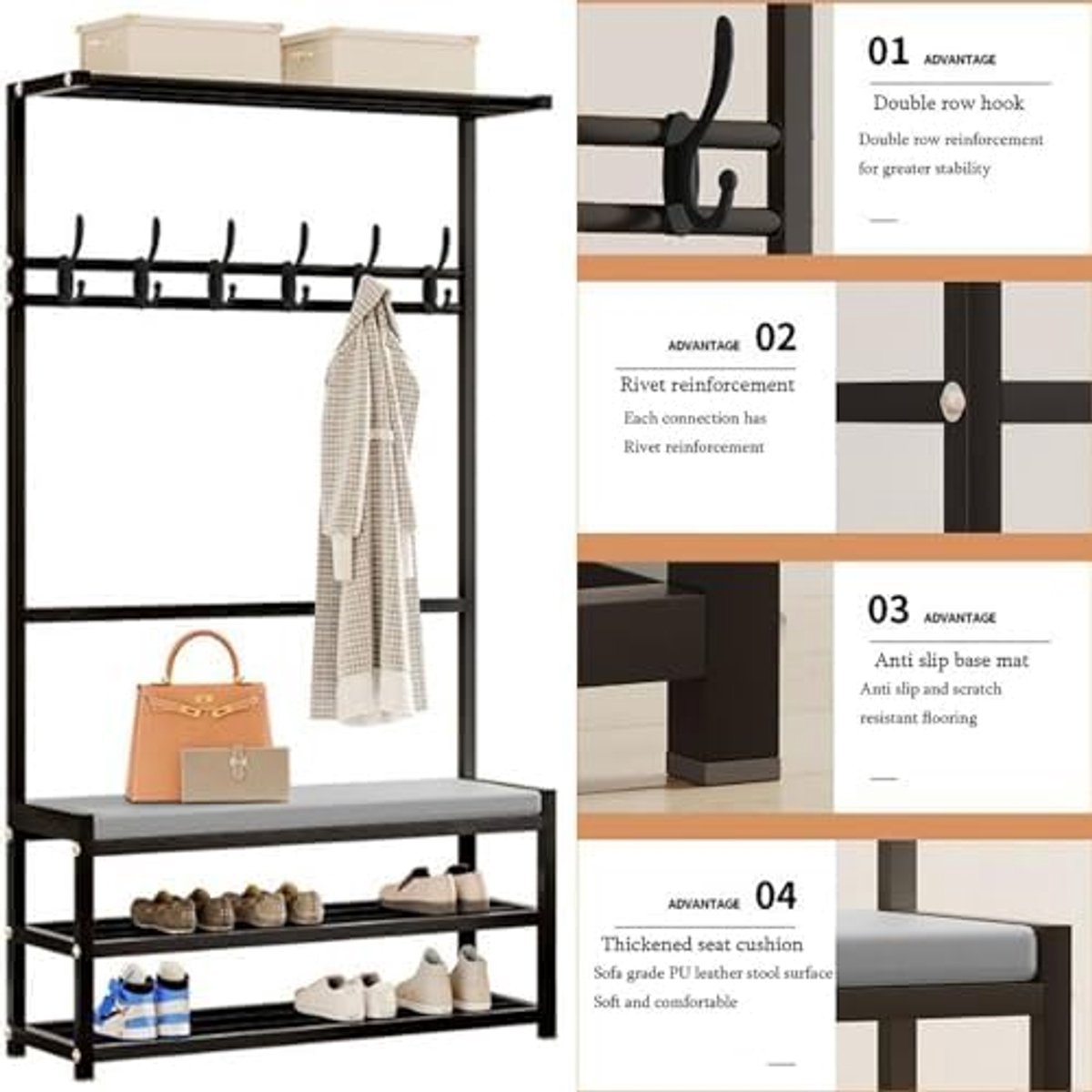 Schuhschrank mit Garderobe und Bank 2-stöckig Metall Industrie Design 80x30x170 cm verstellbar mit Haken und Ablage