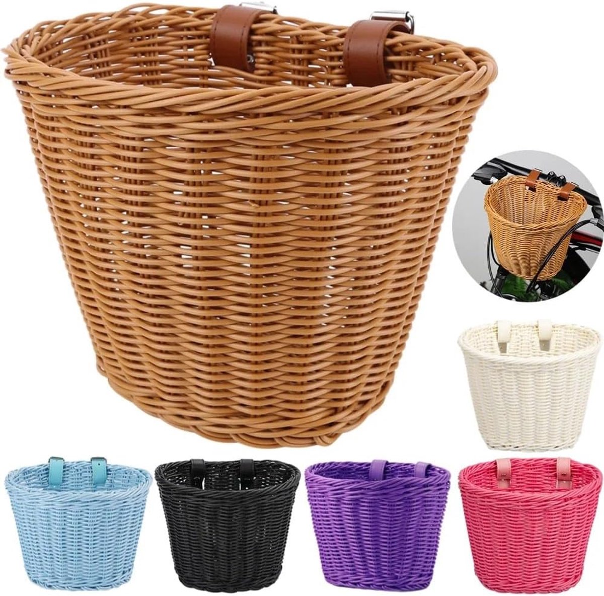 Fietsmand Rotan - Stuur mand - Fiets opslag - Handgeweven design - 23 cm breed - Roze