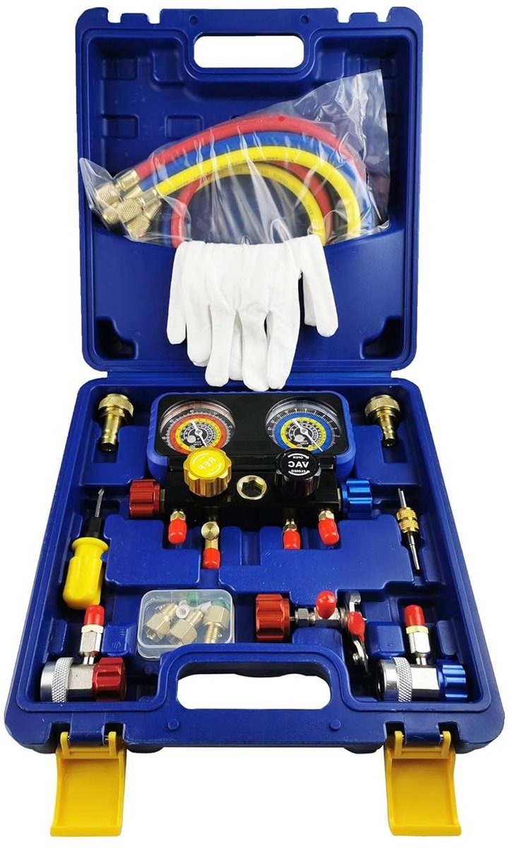 Airco Manifold Meter - Koelmiddel Set - Airco Onderhoud - 4 Ventiel Systeem - 5FT Slangen - Multicolor