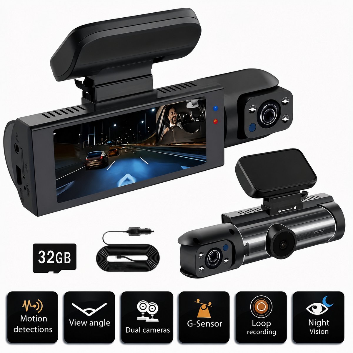 Dashcam Auto Full HD 1080P – Dual Lens Voor & Binnen | IR Nachtzicht, Loop Recording, 3 Inch IPS Scherm incl. SD-Kaart