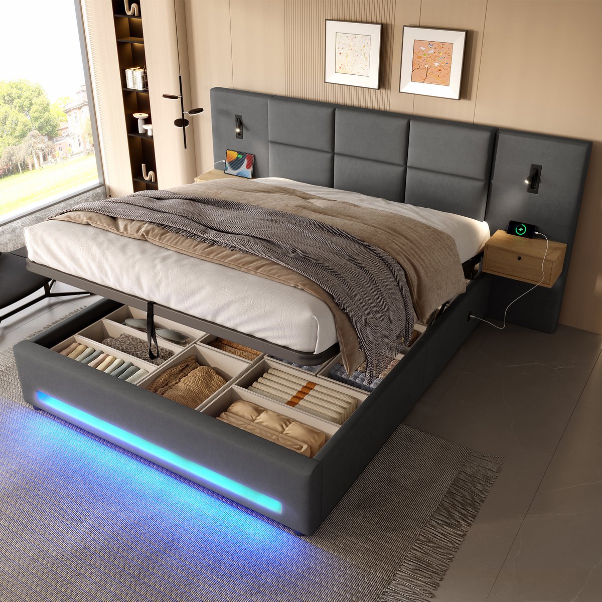 REDOM Gestoffeerd Bed - Opbergruimte En USB-C - Modern - Slaapkamer - Fluweel - Donkergrijs - 180 X 200 Cm
