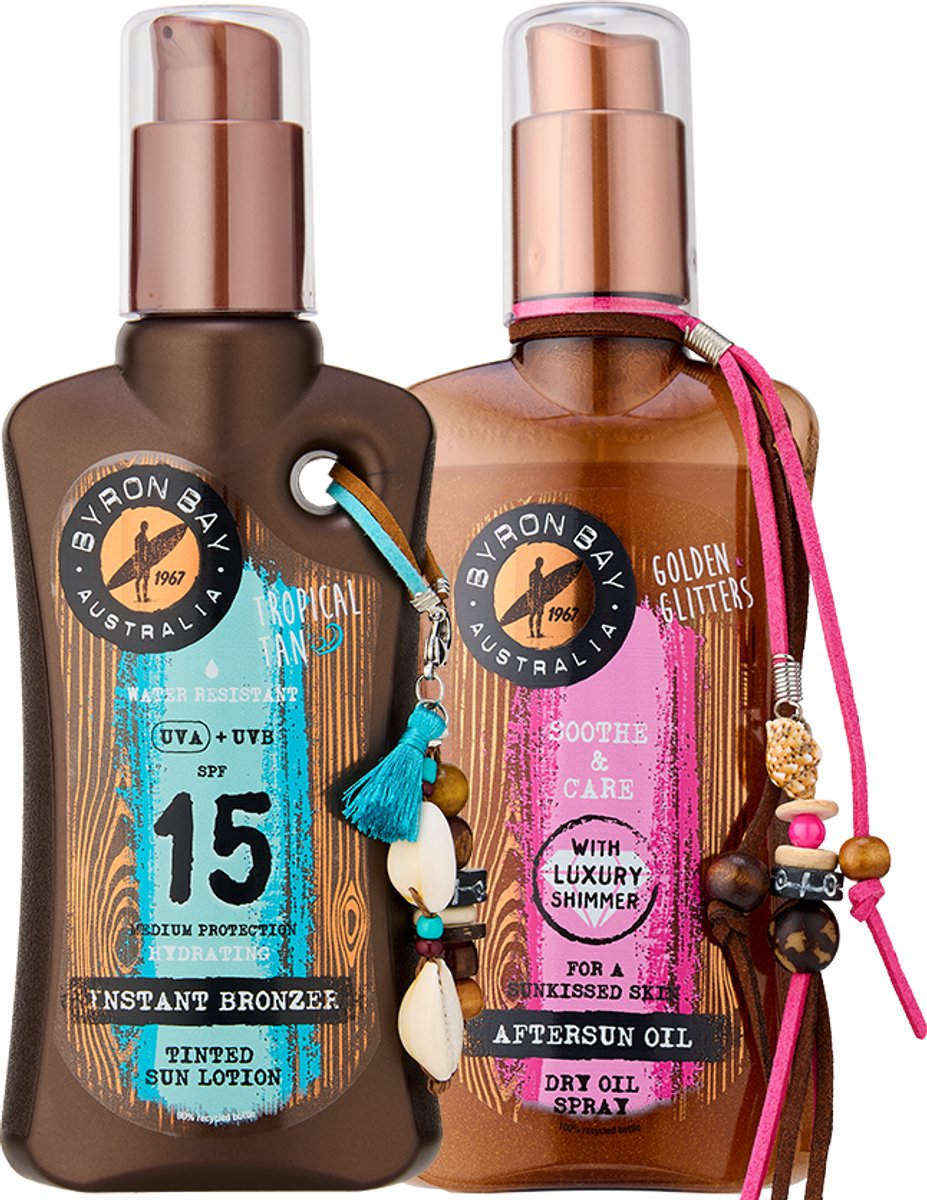 Byron Bay Instant Bronzer Tinted Sunlotion SPF 15 + Aftersun Shimmer Oil - 2x 200ml