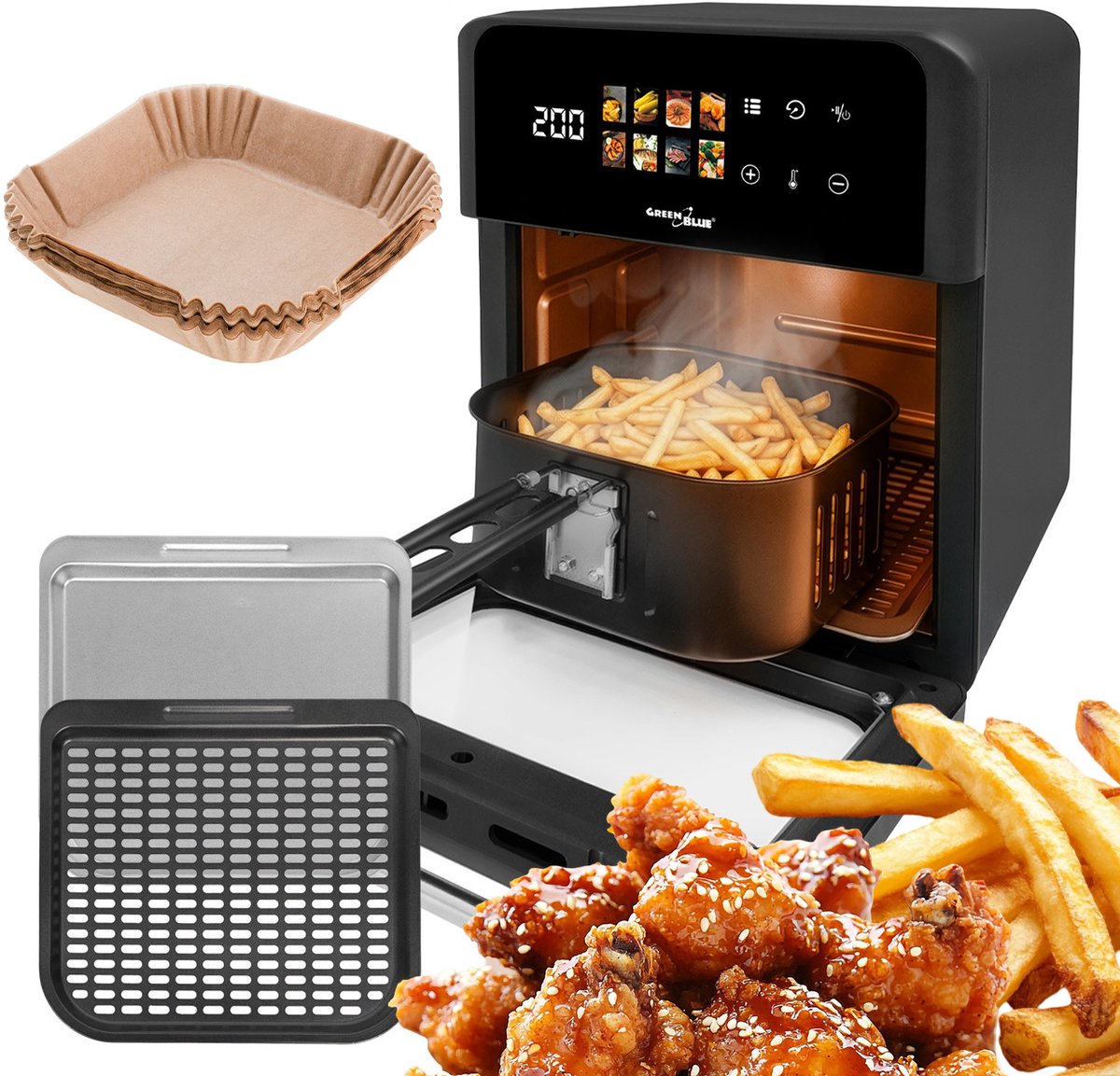 GreenBlue GB950 - AIR FRYER met 100 stuks Airfryer Bakpapier - Vetvrije friteuse - 1800 W - 10 l - 8 programma’s - Accessoires - Timer