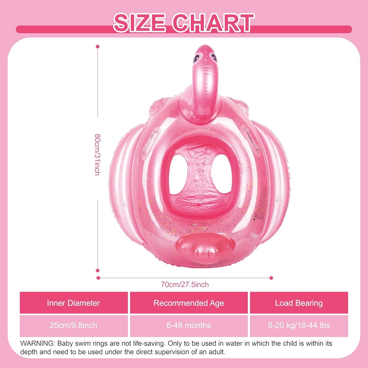 Opblaasbare babyzwemvlotter, babyzwembadvlotter voor 6-36 maanden, babymeisje met zitje, opblaasbare babydrijver, zwemring voor baby, peuter, kinderen van 1-3 jaar (felroze flamingo) – foto 3