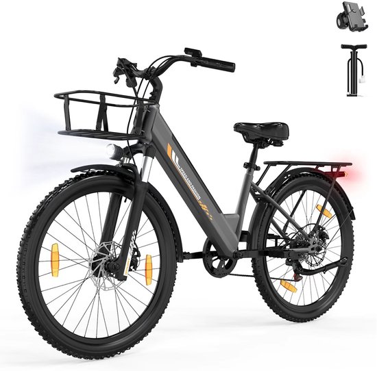 Runetic 26” Elektrische Fiets - Motor 250W - Actieradius 80km - 36V 13AH Verwijderbare Batterij - 25KM/H - Grijs