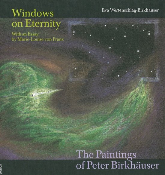 Boekomslag 'Windows on Eternity' met een abstract schilderij van groene nevels en een sterrenhemel.