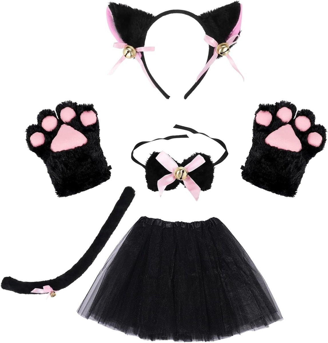 Meisjes Kat Cosplay Set met Oren, Staart, Kraag en Handschoenen voor Feestelijke Kostuums en Verkleedpartijen