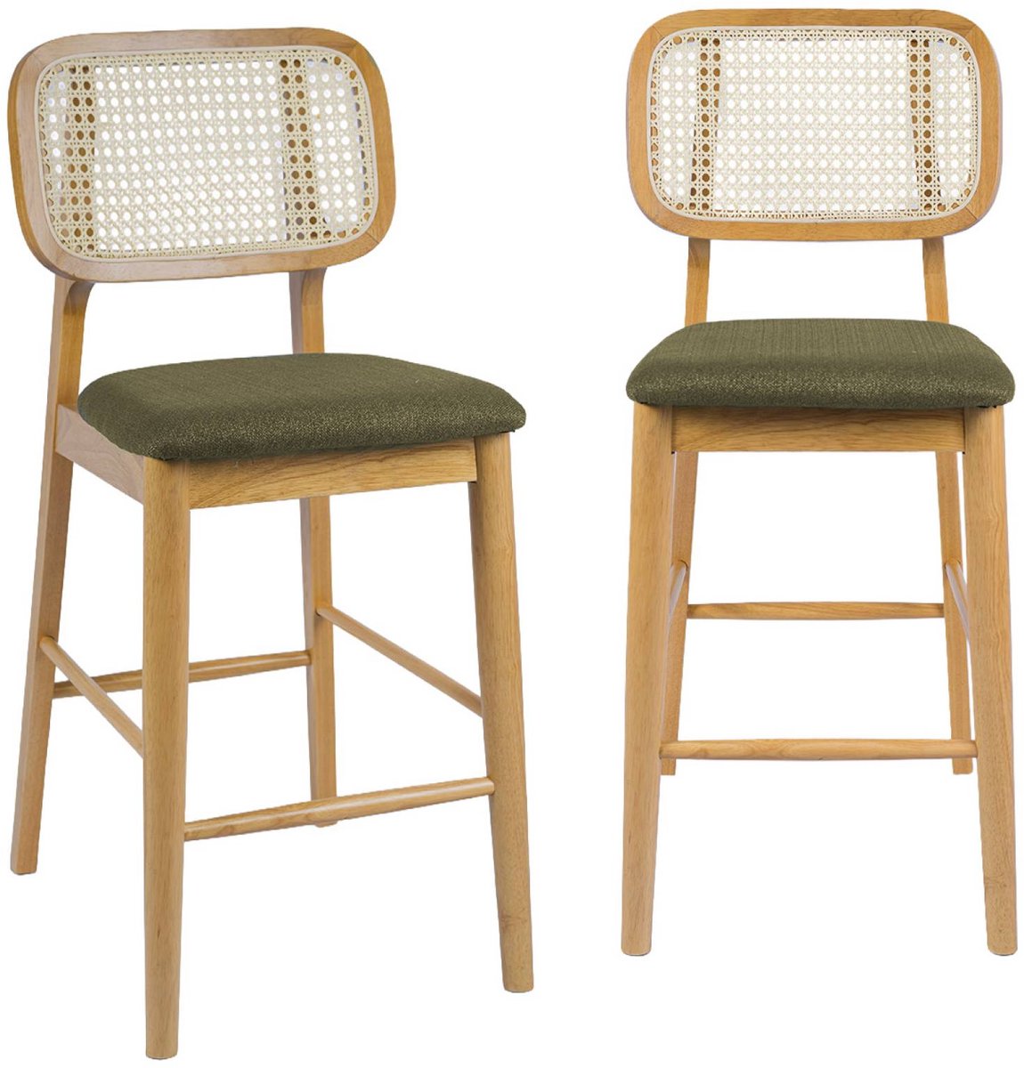 sweeek - Set van 2 barkrukken van rubberhout met rotan en stof 66,5 cm - mani