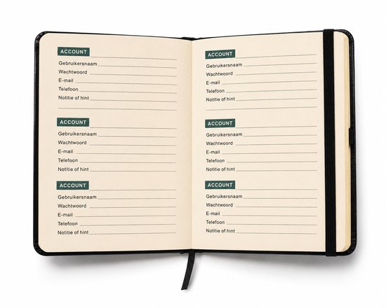 Open zwart wachtwoordenboekje met lijntjes voor gebruikersnaam, wachtwoord, e-mail en telefoon.