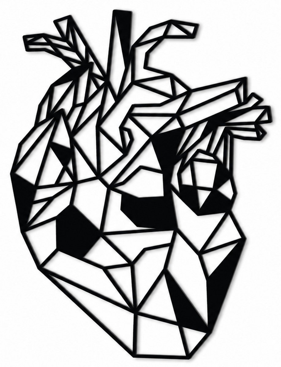 Houten wanddecoratie - Wooden wall decoration | Anatomisch hart 45 x 60cm Anatomical heart | Zwart - Black | Geometrische muurdecoratie - Geometric wall art - Origami Design Wandfiguur - Echt Hout - Real Wood - Dokter - Biologie