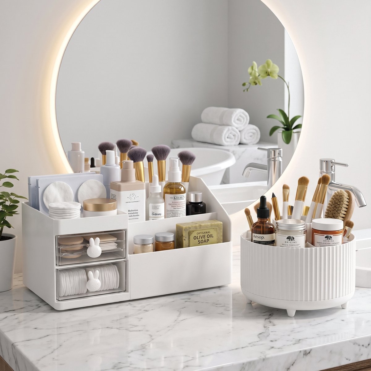 INDECOR 2-Delige Luxe Make-up Organizer Set – Cosmetica Opberger met Lades & Compartimenten – Skincare, Parfum & Nagellak Houder – Wit