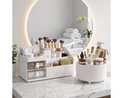 INDECOR 2-Delige Luxe Make-up Organizer Set – Cosmetica Opberger met Lades & Compartimenten – Skincare, Parfum & Nagellak Houder – Wit