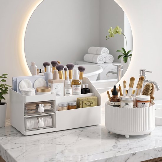 INDECOR 2-Delige Luxe Make-up Organizer Set – Cosmetica Opberger met Lades & Compartimenten – Skincare, Parfum & Nagellak Houder – Wit