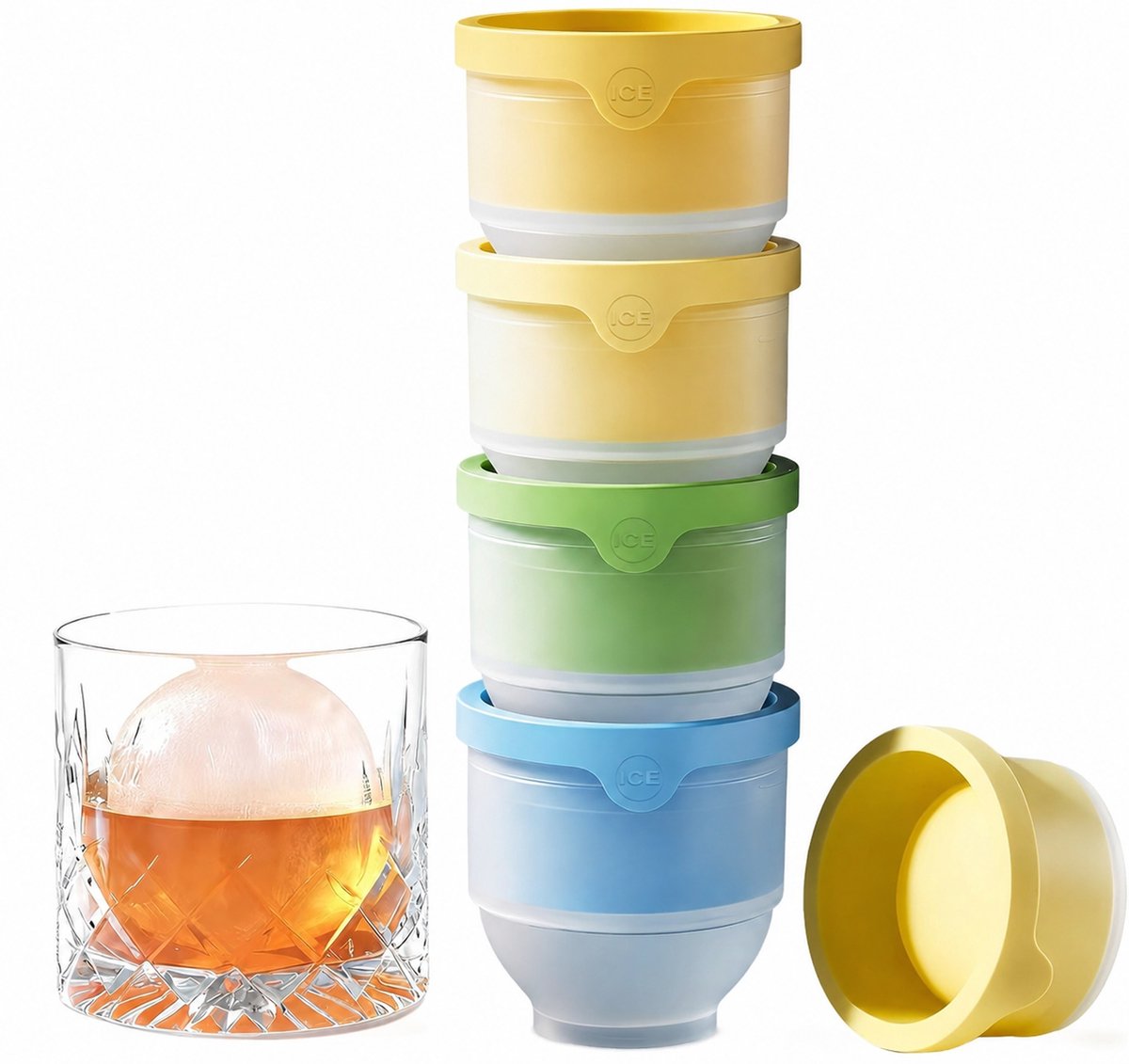 IJsblokjesvorm - Ijsblokjesvorm groot - Grote ijsblokjesvorm met deksel - Maakt gigantische - perfect ronde ijsblokjes met een diameter tot 6 cm voor het koelen van drankjes - extra grote ijsblokjes - 4-delige set
