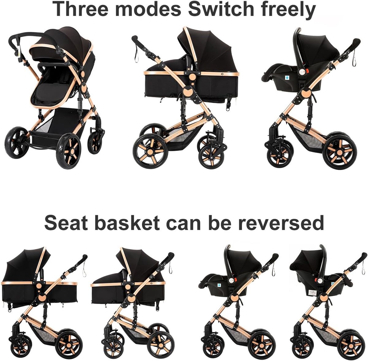 Baby Stroller 3-in-1, Pushchair with Reversible Sliding Modes, Aluminum Alloy Frame, Baby Stroller, 3-in-1 Set, One-Click Folding Design, High Landscape (588 Black Gold) thumbnail 5