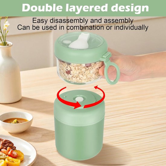 Large Stainless Steel Cereal Cup to Go Yogurt Cup 530 ml + 330 ml Portable, Leak-proof, Cereal Cup, Bread Box, Lunch Box, Cereal Box, Yogurt, Salad, Rice Box (Green) — afbeelding 2