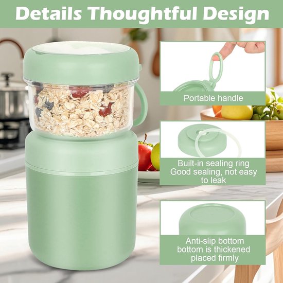 Large Stainless Steel Cereal Cup to Go Yogurt Cup 530 ml + 330 ml Portable, Leak-proof, Cereal Cup, Bread Box, Lunch Box, Cereal Box, Yogurt, Salad, Rice Box (Green) — afbeelding 3