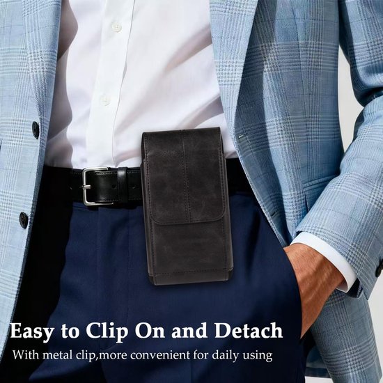 Leder telefoonholster met sterke riemclip en magnetische sluiting geschikt voor iPhone 17/16/15/14/13/12 pro Max, Galaxy S25/S24/S23/S22 Plus & FE, telefoonriemhouder voor mannen, draagtasje, zwart — afbeelding 3