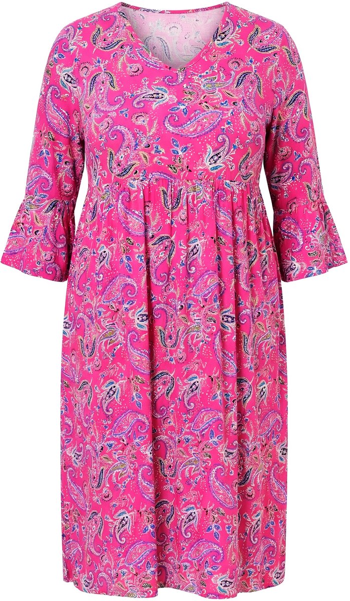 Ulla Popken Dames - Jersey jurk paisley A-lijn V-hals 3/4-mouwen - Licht fuchsia - Maat 66+