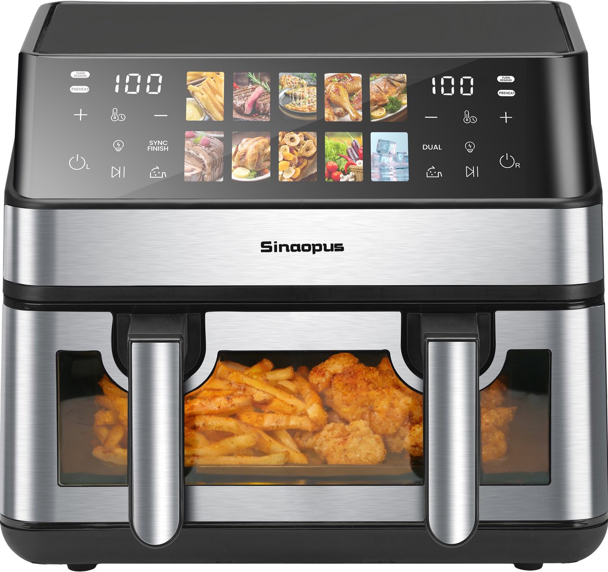 Sinaopus XXL Airfryer 9L – Met Dubbele Mand – 9 Kookprogramma’s – Onafhankelijke Snelle Opwarming – Geschikt voor Gezinnen – Kijkvenster – Eenvoudig te Reinigen – Capaciteit voor 4 tot 5 Personen
