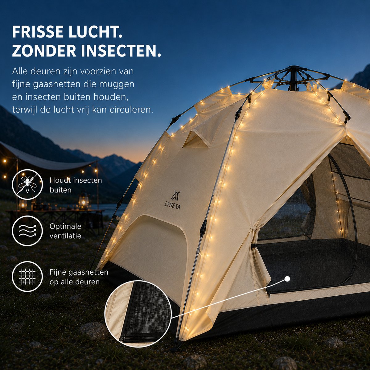 LYNEXA® Tent - Pop up Tent voor 2 tot 3 persoons - Waterdichte Kampeertent - Automatische Camping Tent -Snel Opzetbaar - UV Bescherming - Kamperen & Outdoor - Festival Tent - Lichtgewicht - Inclusief Draagtas & Campinglamp - 245x215x145cm - Zandkleur – foto 5