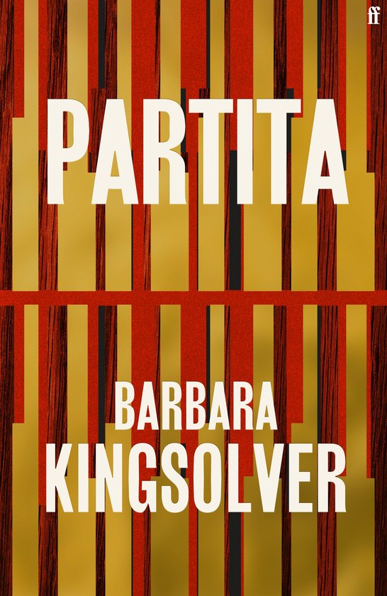 Boekomslag met de titel 'PARTITA' en de naam 'BARBARA KINGSOLVER' in witte letters op een achtergrond van verticale rode en gouden strepen.