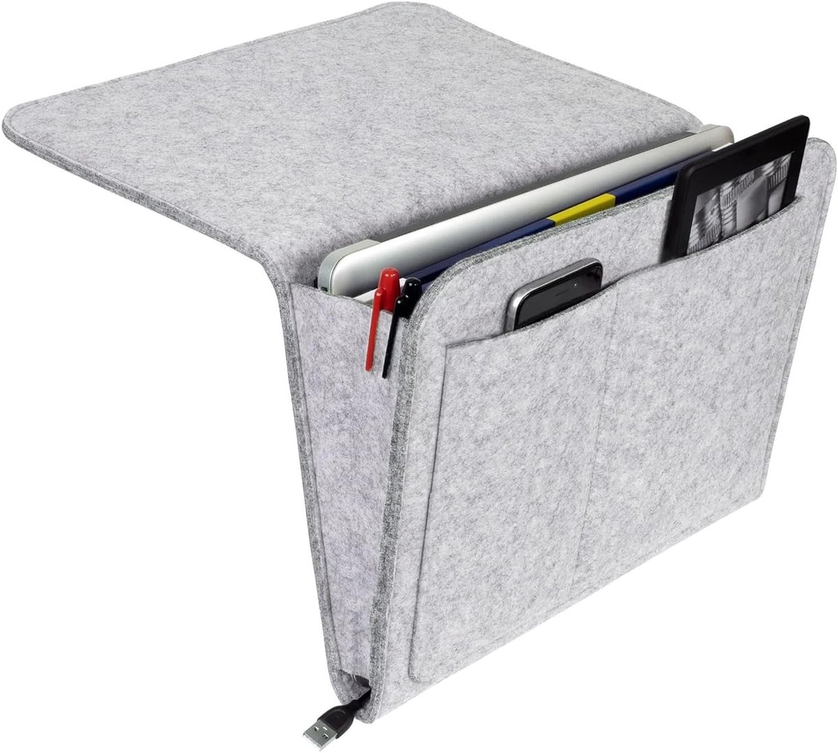 Bedside Organizer van Dikke Vilt voor Boeken, Tijdschriften, iPad en Mobiele Telefoon in Lichtgrijs - Ideaal voor een Opgeruimde Slaapkamer en Handige Toegang tot Essentiële Items