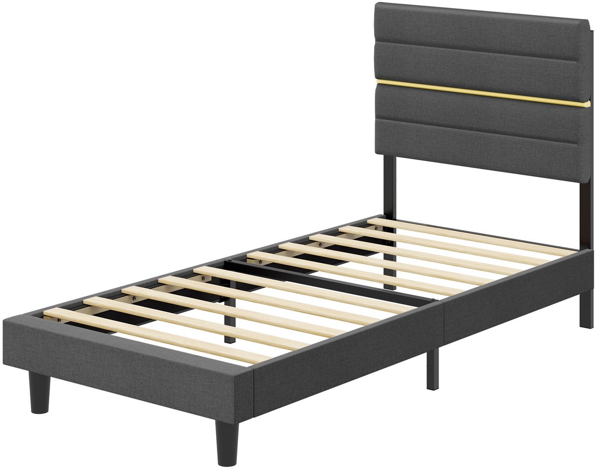 Eenpersoons bedframe - Geschikt voor matrassen van 90 x 200 - Staal en hout - Verstelbaar hoofdeinde - Maximale belasting 250 kg
