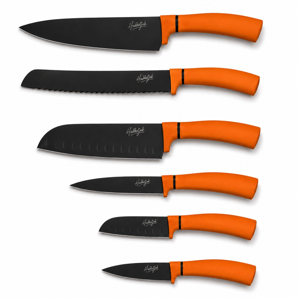 Hakketjak Messenset Oranje - 6-delig - RVS Keukenmessen met Zwarte Coating