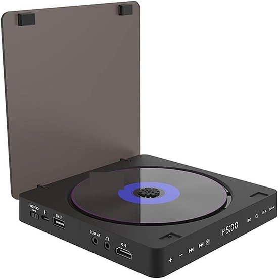 Zwarte draagbare DVD-speler met geopend deksel, met een cd en digitaal display aan de voorkant.