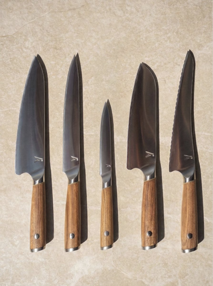ANGLD Ultimate Set (5) - Koksmes - Broodmes - Vleesmes - Santokumes - Schilmes - Japans AUS-10 gehard staal - Extra lang scherp - Gun jezelf het beste gereedschap
