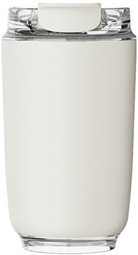Crème beige dubbelwandige mok met transparant deksel met witte tuit.