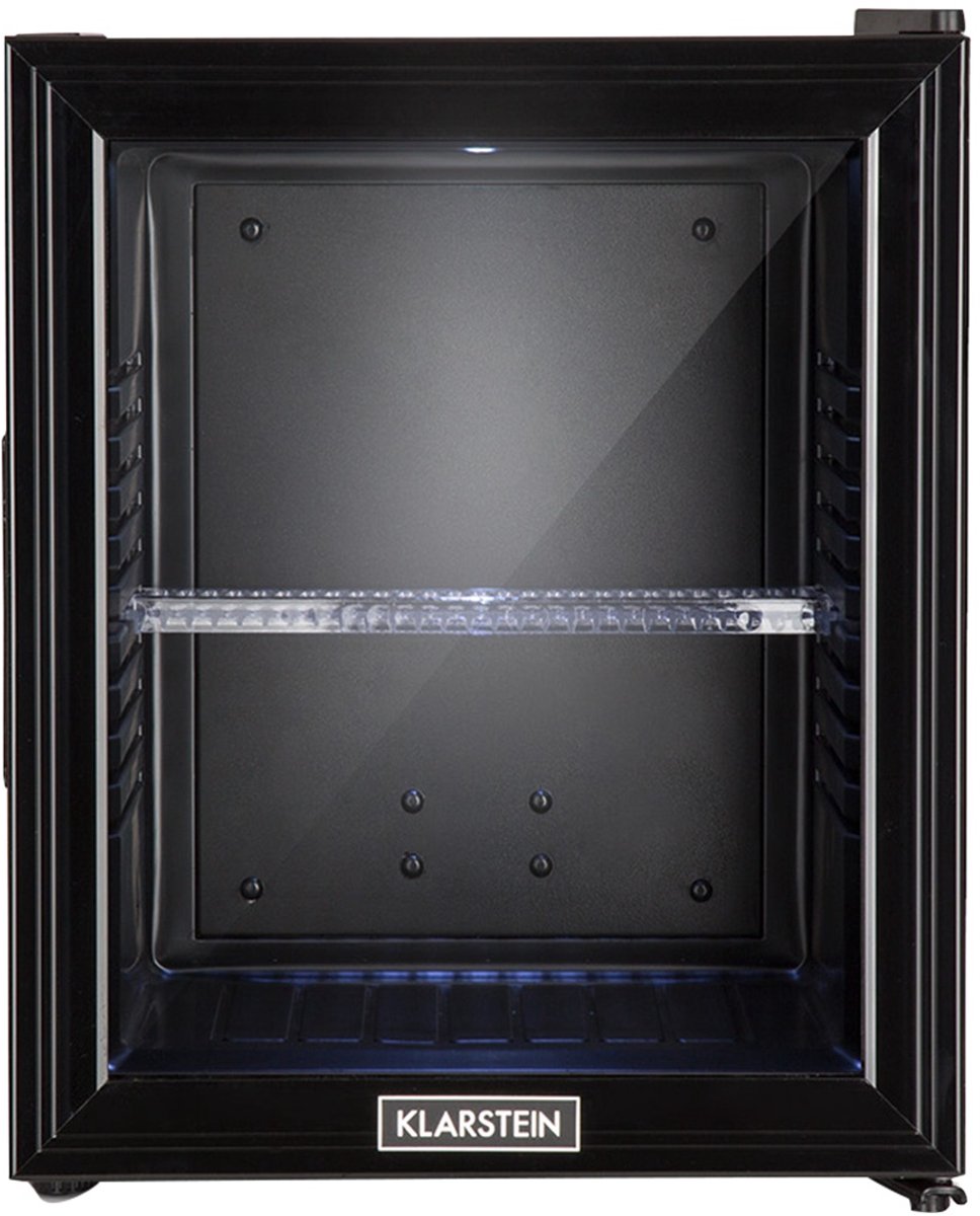 Klarstein Brooklyn 32 Minibar Mini Koelkast - Thermo-elektrisch koelsysteem - 32 liter inhoud - 3 standen koeling: tot 12 °C - Energie-efficiëntieklasse F - 23 dB - Flexibel kunststof plateau - LED licht - Panoramadeur van glas - Zwart