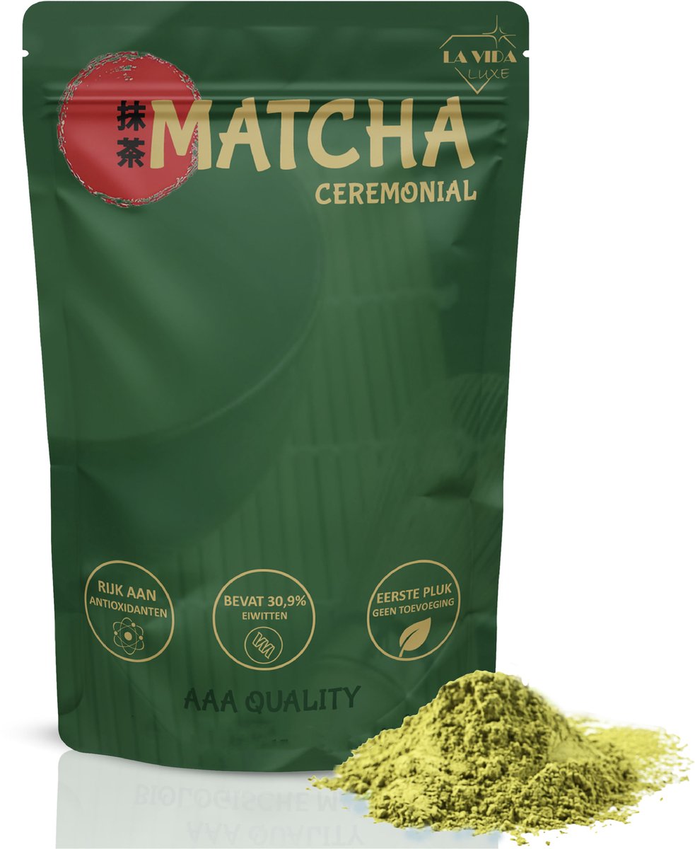 La Vida Luxe® - Matcha Poeder - 100GR - Matcha - Ceremonial Grade AAA - Premium Japanse matcha poeder puur - Eerste pluk - Matcha thee poeder - Premium Japanse Ceremoniële Groene Thee – 100% Puur – Voor Matcha Latte, Smoothies & Thee